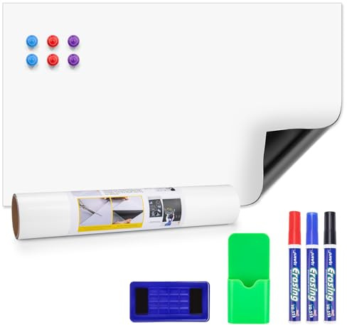 JEFURE Papier Tableau Blanc Magnétique, 30×50 cm Tableau Aimanté, Tableau Blanc Effacable avec Marqueur et Éponge, Tableau Magnétique DIY pour Surfaces Lisses Dans Les Écoles, Les Bureaux et La Maison