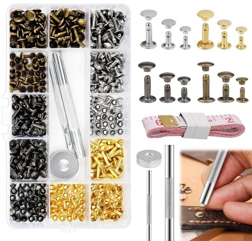 180 Paires de Rivets pour Cuir À Frapper, 3 Tailles Rivets Couture, Rivets À Bout Ouvert, Brass Rivets Croc Boucle Bouton, Double Rivet Goujons Tubulaires en Métal, pour DIY Déco Vêtement