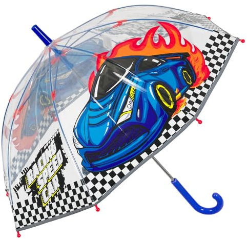 PERLETTI Parapluie Enfant Garçon Ouverture Manuelle - Parapluie Transparent Cloche Bleu Jaune Vert - Résistant au Vent pour Petits Enfants 3 4 5 Ans Réfléchissant - Diamètre 64 cm (Voiture de Course)