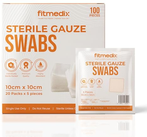 FitMedix Premium Sterile Gauze Swabs for Wound Care- Soft Non Woven Cotton Swabs for Cleaning & Dressing Changes- Breathable Non Adherent Dressing Gauze Pads for First Aid (10cm x 10cm - Pack of 100)