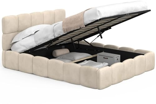 IDMarket - Lit Coffre Double Nuage avec tête de lit matelassée et sommier 140 x 190 cm Velours Beige