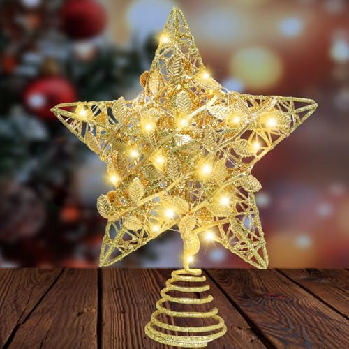 Punta de árbol de Navidad dorada con forma de estrella, punta de árbol de Navidad, punta de árbol brillante de Navidad con adornos de hojas doradas y LED, 20 x 23 cm, funciona con pilas, decoración de