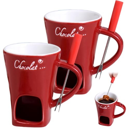 Chokladfonduemugg, chokladfonduekopp med gaffel 2 st keramikmugg med handtag, värmeljus grotta och hål för gaffelhållning, värmeljus ingår inte, röd