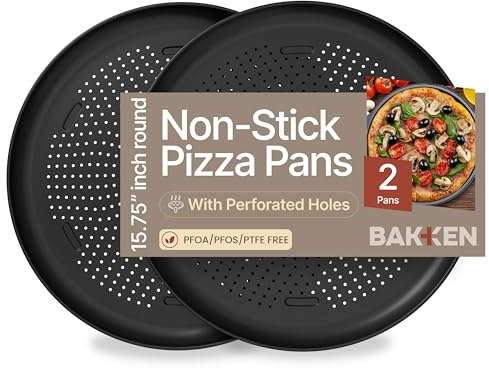 Bakken 16 Inch Non-Stick Pizza Pan 2 Pack, Round Carbon Steel Pizza Tray with Perforated Holes, PFOA, PFOS, & PTFE-Free, Dishwasher & Oven Safe Up To 450°F, Durable Nonstick Coating, Black