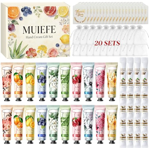Set Crema Mani, Set Creme Mani Donna Regalo per Mano Secche e Screpolate, 20 Set (80 Pezzi) - Mini Crema Mani, Maschera Nutriente Capelli, Borse Portaoggetti e Biglietti Augurali, Regalo Perfetto