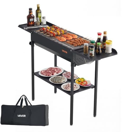 VEVOR Griglia per Barbecue a Carbonella Pieghevole, Barbecue Portatile Altezza Regolabile con Ripiani Laterali per Spezie Salsa, Griglia a Carbone BBQ da Campeggio Picnic Feste da Esterno Giardino