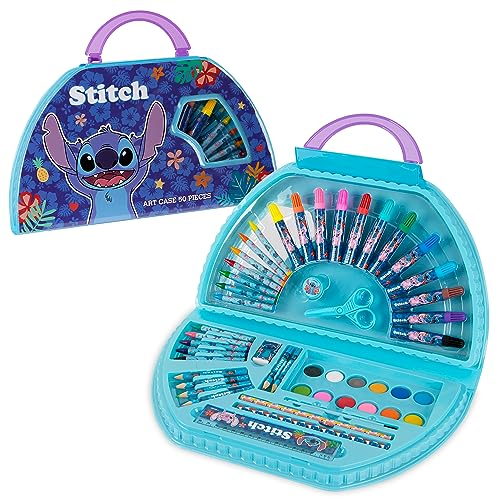 Disney Stitch Malkoffer 45+ Stück für Kinder ab 3, Prinzessin Malset Buntstifte Wachsmalstifte für Kinder - Tragbarer Malkoffer Kinder Geschenke (Blau Stitch Set)
