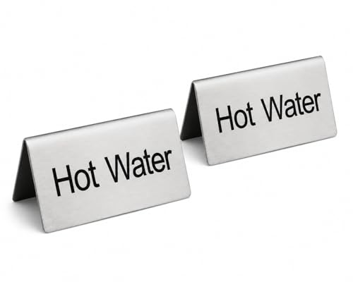 New Star Foodservice Stainless Steel Table Tent Sign, Hot Water, Silver, 3 x 1.5 (Set of 2)