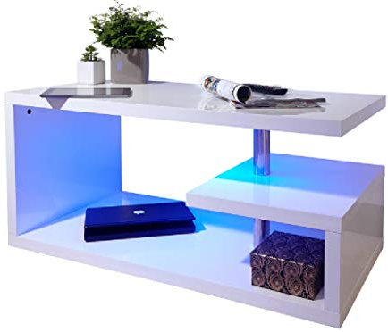 GFW Polar LED Coffee Table With Storage Shelves For Living Room, Storage Table With Undershelf Display, Media Accessories Storage, Living Room, Home Furniture, White 50D x 100W x 46Hcm
