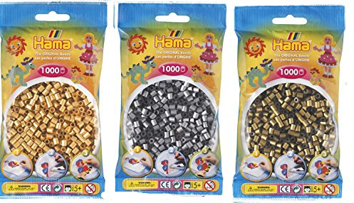 Hama Happy Price Toys Midi Bügelperlen (Kon-9) Konvulut 3 Farben (1000 Gold,1000 Silber,1000 Bronxe) + Bonus 100 HPT Leuchtperlen (Leuchten im Dunkeln) in 6 Farben