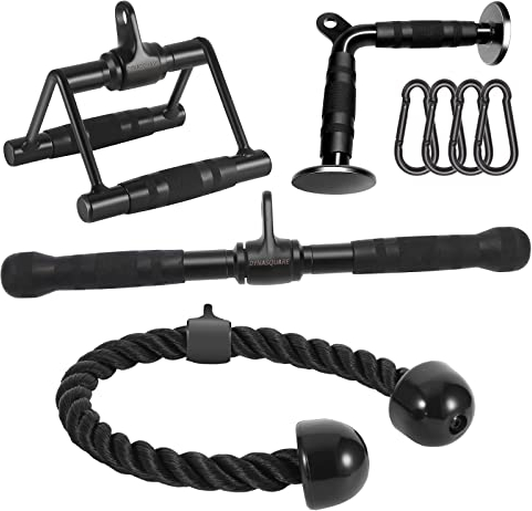 DYNASQUARE Cable Attachments for Home Gym, LAT Pulldown Equipment, Weight Machine Accessories, Straight Pull Down Bar, V Bar, Tricep Rope, Revolving Row Handle, Stirrup Handle