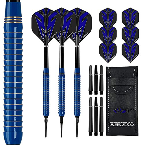 DESIGNA DARTS Mako | 22g Soft Tip Electro Brass Dart Set mit geradem Barrel inkl. 6 Standard Flights, 6 Schäften, Checkout Card und Aufbewahrungskoffer, M1, blau