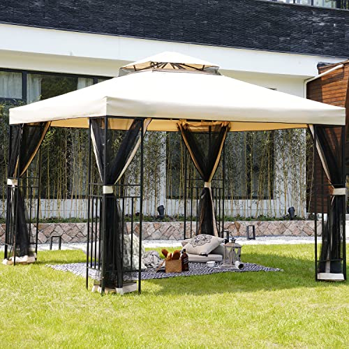 Grand patio Tonnelle de Jardin 3x3m Tente avec 4 Côtés moustiquaire, Pavillon de Jardin renforcée Stable 3x3, pour Barbecue, événement, fête, Montage Rapide, Protection UV 50+, Beige