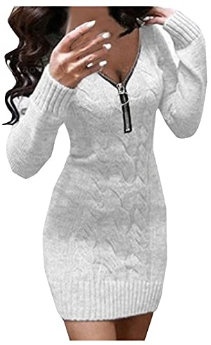 Knitted Dresses For Women Winter Sexy Plain V-Neck Zipper - Knitted Jumper Party Dress Women Elegant Mini Dress Tight Stretch Jumper Dress Winter Dress Women Long Sleeve Warm Coarse Knit Cocktail