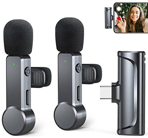 Lavalier Mikrofon Wireless für iPhone 15 Serie/Android/USB C/Type C, 2er-Pack Mini Mikrofon mit Rauschunterdrückung/Stummschaltung, Tragbare Microphone, Ansteckmikrofon für YouTube, TikTok, Vlog