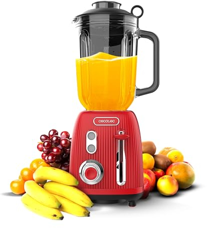 Cecotec Batidora de Vaso Retro Power Black Titanium RetroRed. 1200W Potencia Máxima, 2 Velocidades, Cuchilla de 4 Hojas con Recubrimiento de Titanio Negro y Jarra de 1,5L, Diseño Vintaje en Rojo