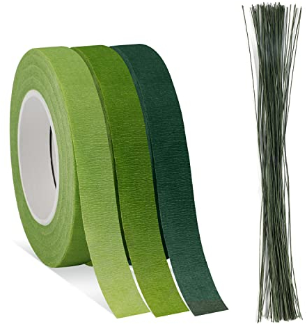 SAVITA Blumendraht, 100 Stück 14 Zoll Blumendraht Grün Blumenwickelband mit 3 Rollen 1/2 Zoll x 30 Yards Blumenband zum Umwickeln von Blumensträußen und Blumenhandwerk