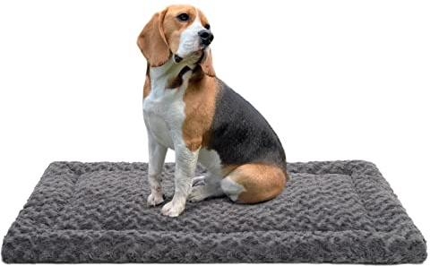 Exsnugy Washable Dog Bed Mat Reversible Dog Crate Pad Soft Fluffy Pet Kennel Beds Dog Sleeping Mattress for Large Jumbo Medium Small Dogs, 91 x 58 cm, Dark Grey