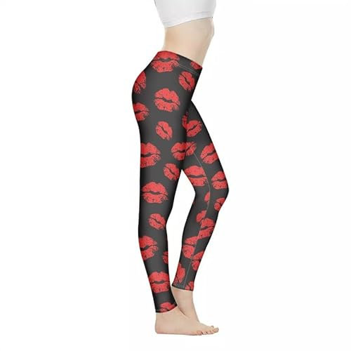Irisjudy Frauen Yoga Hosen, Boho Mandala Hohe Taille Strumpfhosen Azteken Streifen Skinny Leggings Pfau Weiche Bleistift Hosen Plus Größe, Red Kiss Lippen Schwarz, X-Groß