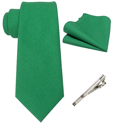 JEMYGINS Herren Retro Baumwollmischung Krawatte mit Einstecktuch und Krawattenklammer Set,Grün