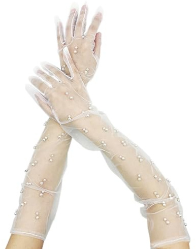 SLEEKEE 1 paire de gants à perles, gants longs en tulle perle, gants en dentelle pour femme, gants de mariée blancs pour femmes, mariées, filles., Blanc., 55