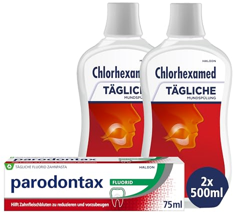 Parodontax tägliche Fluorid Zahnpasta, 1x75ml + Chlorhexamed Tägliche Mundspülung, Effektive Plaquereduktion, 2x500 ml