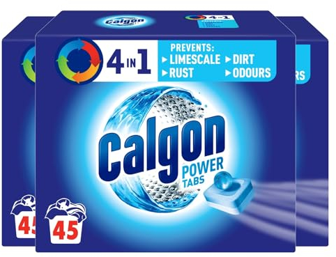 Calgon 4-in-1 Washing Machine Cleaner and Water Softener Tablets, 45 Count, Pack of 3 | Removes Limescale, Residue, Dirt, Rust & Malodours | Deep Clean | L Pack Size