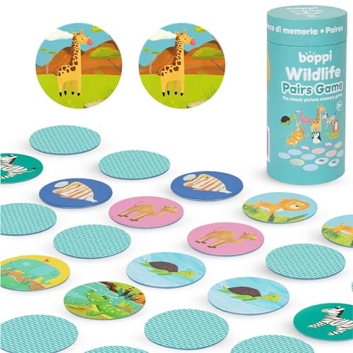 boppi Gioco di memoria per coppie/Gioco di abbinamento per bambini piccoli - Coinvolgente gioco educativo/Montessori di abbinamento memoria per bambini dai 3 anni in su - Fauna selvatica