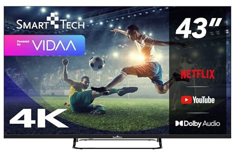 Smart Tech TV LED 4K UHD 43 Pouces (109cm) 43UV01V Smart TV VIDAA - Molotov, Netflix, Prime Video, Disney+, Youtube, Plex - 3xHDMI - 2xUSB - Mode Hotel