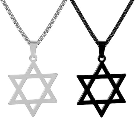 Kawailay 2 Stk Hexagramm Halskette Davidstern Anhänger Kette Israel Jüdischer Halskette Rock Punk Hip Hop Kette Rapper Biker Cooles Halskette für Männer Damen - Silber und Schwarz
