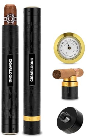 CIGARLOONG Portable Stainless Steel Cigar Tube Humidor,Built in Hygrometer Cigar Punch and Cigar Holder,3 in 1 Moisturizing Cigar Tube Storage 1 Count,Gift for Cigar Lovers (Black)