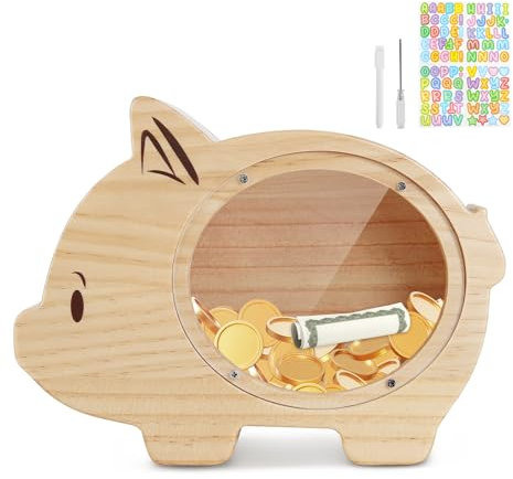 wooshwa Tirelire Enfant Fille Garçon, avec Marqueur & Autocollants Colorés, Tirelire en Bois Réutilisable, pour Aider Les Enfants à Commencer à Economiser - Cochon