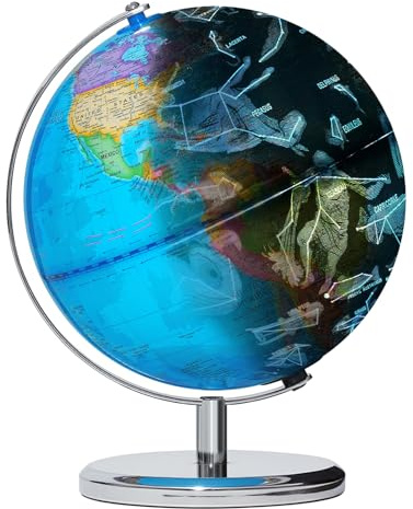 BSHAPPLUS 3 in 1 Illuminated World Globe, 9inch Globes with 88 Constellations & LED Night Light, Interactive STEM Toy with High Clear Map, Light Up Kids Globe Lamp for Learning