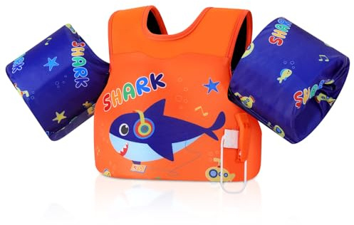 MoKo Toddler Swim Vest for Kids, Arm Floaties for Toddler 20-30-50 lbs, Water Wings with Emergency Whistle, Cute Arm Band Pool Floaties Swim Training Equipment for Pool, Orange Blue Headset Shark