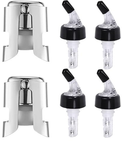 BRTNUP 6 Stück Flaschenverschlüsses Set,3 Flaschenausgießer Spirituosen 2cl Dosierer,3 Edelstahl Sektverschluss,Champagner Verschluss,Schnapsspende für Wein,Schnaps,Cocktails,Öl