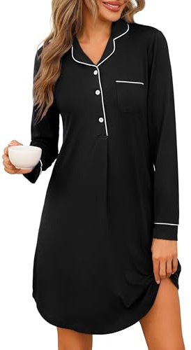 Jahetuul Camisón Mujer Manga Larga Algodón con Abertura de Botones Ropa de Dormir con Bolsillo Confortable y Elegante