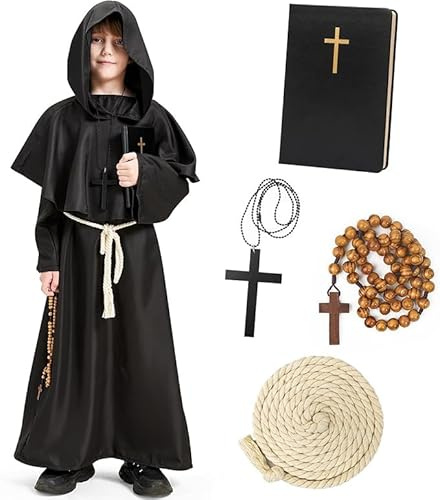 Haozozo Deguisement Halloween Garcon,MédiéVale Deguisement Halloween Enfant De Pretre Pour Garçon Avec Chapelet Classique, Collier Avec Croix, et Cahier - Costume halloween Enfant (130 cm)
