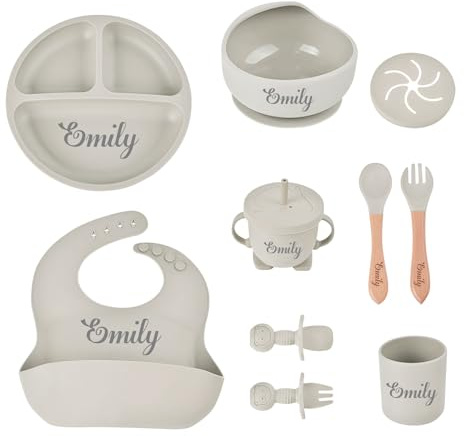Ensemble d'alimentation pour bébé en silicone personnalisé avec nom, fournitures d'auto-sevrage pour bébé personnalisées, avec bols à ventouse en silicone, tasses, assiettes, etc Gris fumé