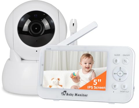 Baby Monitor with Camera and Audio No WiFi, 5'' HD Video Baby Monitor with Night Vision, 5200mAh Battery, Long 960ft Range, Remote Pan Tilt 4x Zoom, 2-Way Talk, 8 Lullabies and Feeding Reminder
