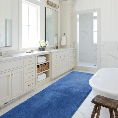SOANNY Blue Bath Mat, Large Shower & Tub Runner Bathmat Rug, Non-Slip, Machine Washable, Absorbent, Soft Plush Floor Mat for Hallway Kitchen Entryway Laundry Bedside Patio Door, 60 x 120 CM