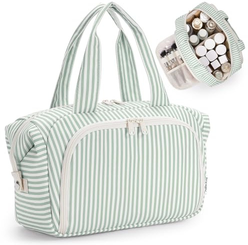 Narwey Neceser de Viaje para Mujer, Bolsa de Aseo Grande, Organizador de Maquillaje Portátil para Artículos de Aseo Tamaño Completo Viajes Accesorios (Rayas Verde Menta)