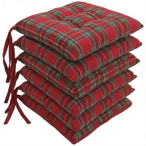 MENKËLL - Set 6 Cuscini Sedia da Cucina in Cotone - Cuscini Coprisedia Universali 40x40 cm - Cuscino 4 punti con Lacci di Fissaggio Imbottiti 100% Made in Italy (Scozzese Natalizio, 40x40 cm)