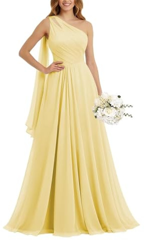 BRIGOW Robe de demoiselle d'honneur unie plissée en mousseline de soie longue formelle pour mariage, soirée, bal BY074, Jaune beurre, 42