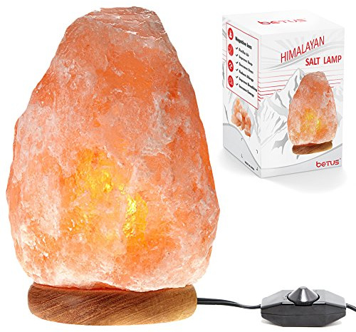 Betus [Natural Crystal Himalaya Salt Lamp Hand Carved on Wood Base with Dimmable Cord and Light Bulb - 8 to 9 Inches Height, 8 to 11 Pounds