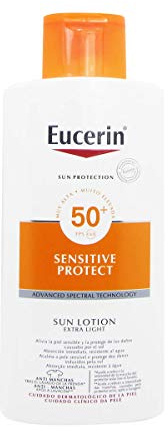 Eucerin Sun Lotion Extra Light Sensitive Protect FPS 50+ (400 ml), protección solar muy alta con filtros UVA/UVB, crema de sol con ácido hialurónico, protector solar para piel delicada y atópica