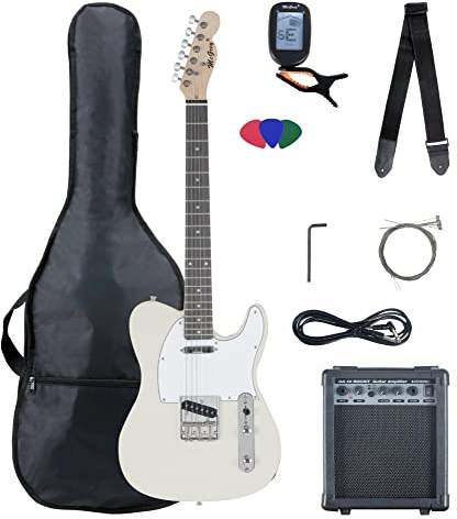 McGrey Rockit TL-Style Komplettset E-Gitarre (8-teiliges Anfängerset mit Gitarre, Verstärker, Ersatzsaiten, Gitarrentasche, Stimmgerät, Plektren, Gurt und Gitarrenkabel) Antique White