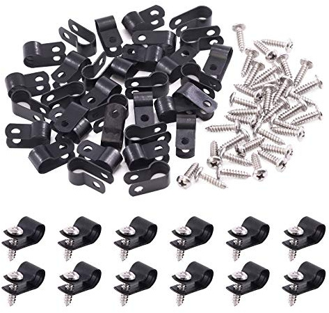 Swpeet 120-pack svart 5/16 tum nylonplast R-typ kabelklämmor klämkit, nylonskruv monteringssladd fästklämmor med 60-pack skruvar för kabelhantering (5/16 tum, svart)
