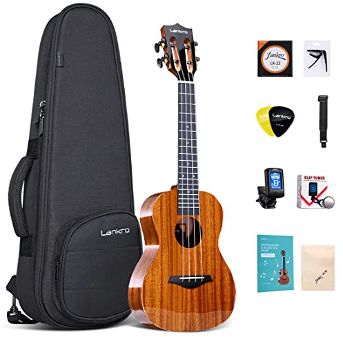 Lankro 23 Zoll Solid Mahagoni Ukulele Konzert für Anfänger Pack, Professionelle Ukulelen für Erwachsene Kinder Anfänger Saitenmusikinstrumente Bundle Kit mit Gig Bag Tuner Saiten Plektren und Riemen