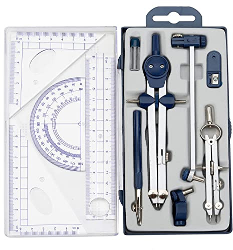 13 Pcs Compass and Protractors Set Math Compass Geometry Tool Metal Geometry Kit Precision Drawing Tool Circle Triangle Ruler Protractor with Storage Case for Kids Architects Engineers Students