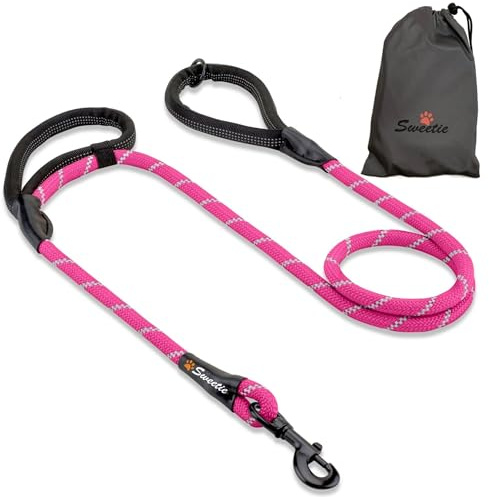 Sweetie Guinzaglio Cane Corda Nylon 1,5 m – Anti Tiro, Doppio Manico Bungee, Regolabile – Guinzaglio in Corda per Cani Grandi e Piccoli – Moschettone 360° – 10 Colori - Rosa
